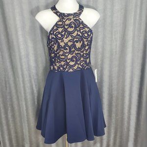 B Darlin Strappy Back Floral Lace Halter Neck Cocktail Dress SZ. 13/14 NWT. Blue